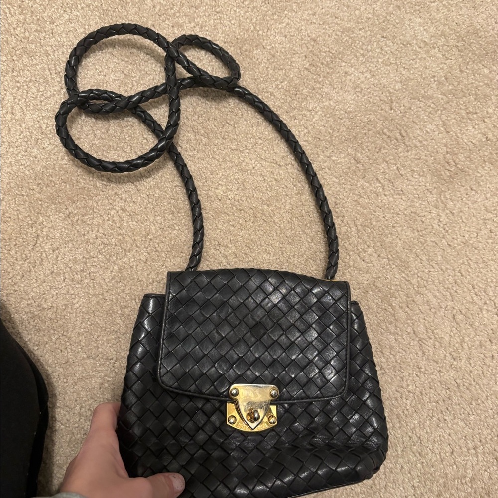 Vintage Bottega Veneta Black Woven Crossbody with Gold Accent